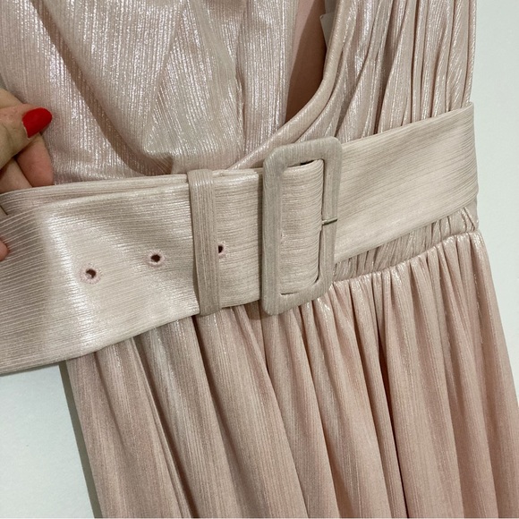 Retrofete Andrea One Shoulder Lamé Gown Metallic Pink Belt Size S NWT *FLAW* - Picture 13 of 14